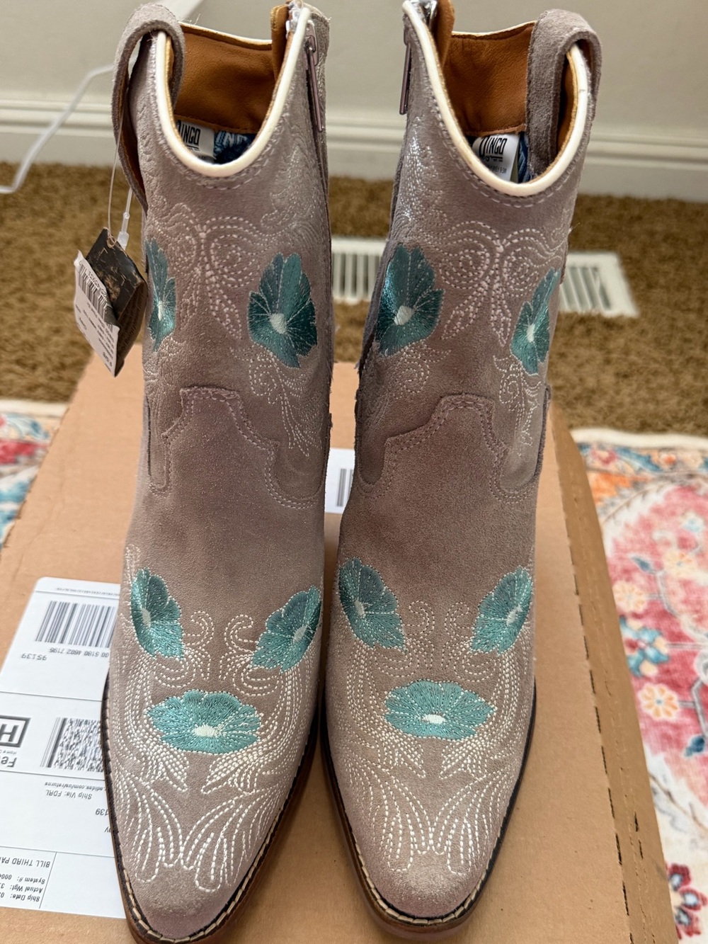 Dingo Suede Aqua Floral Ankle Cowboy Boots NWT